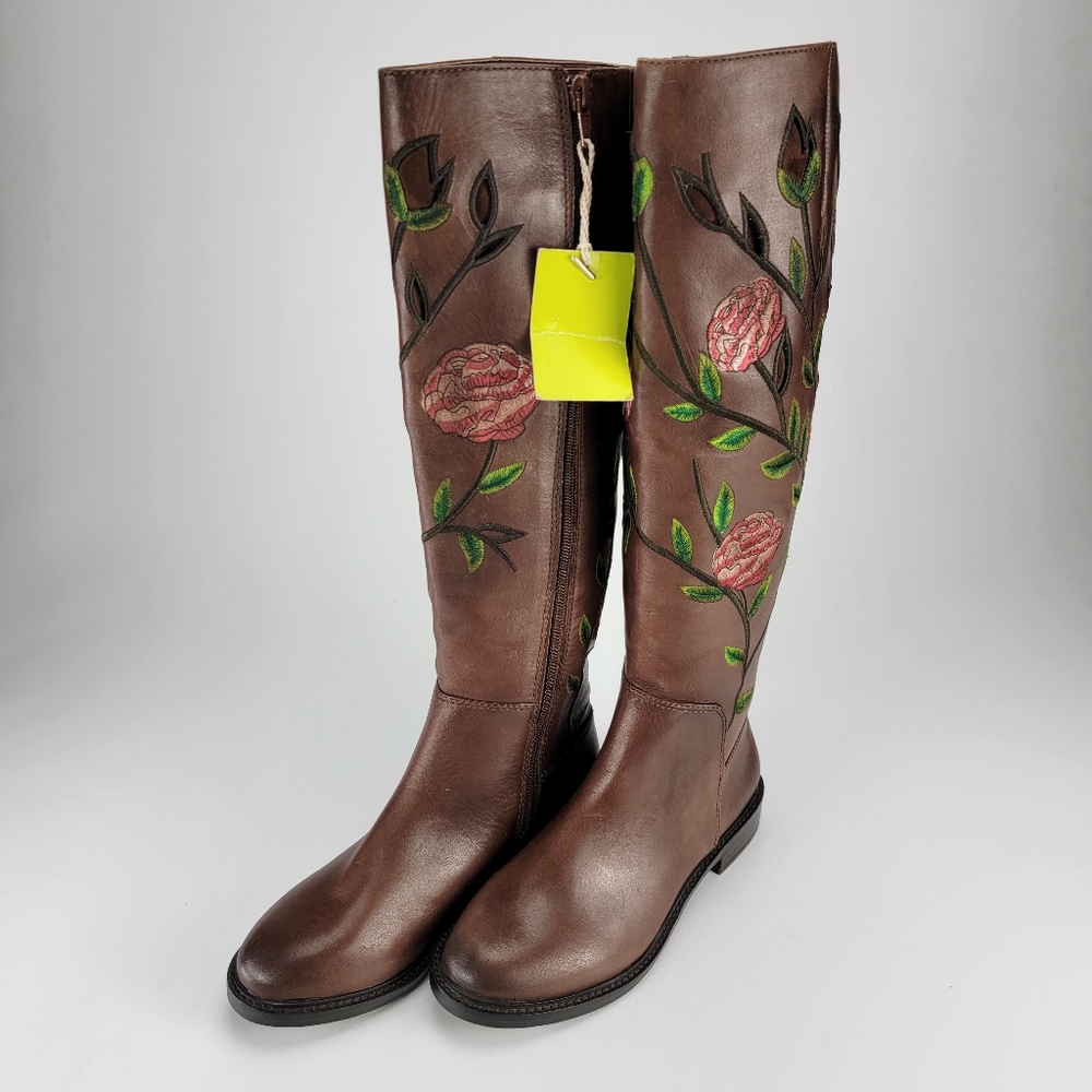 Gianni Bini Brown Embroidered Floral Rose Boots with Zipper- Knee High Size 5.5